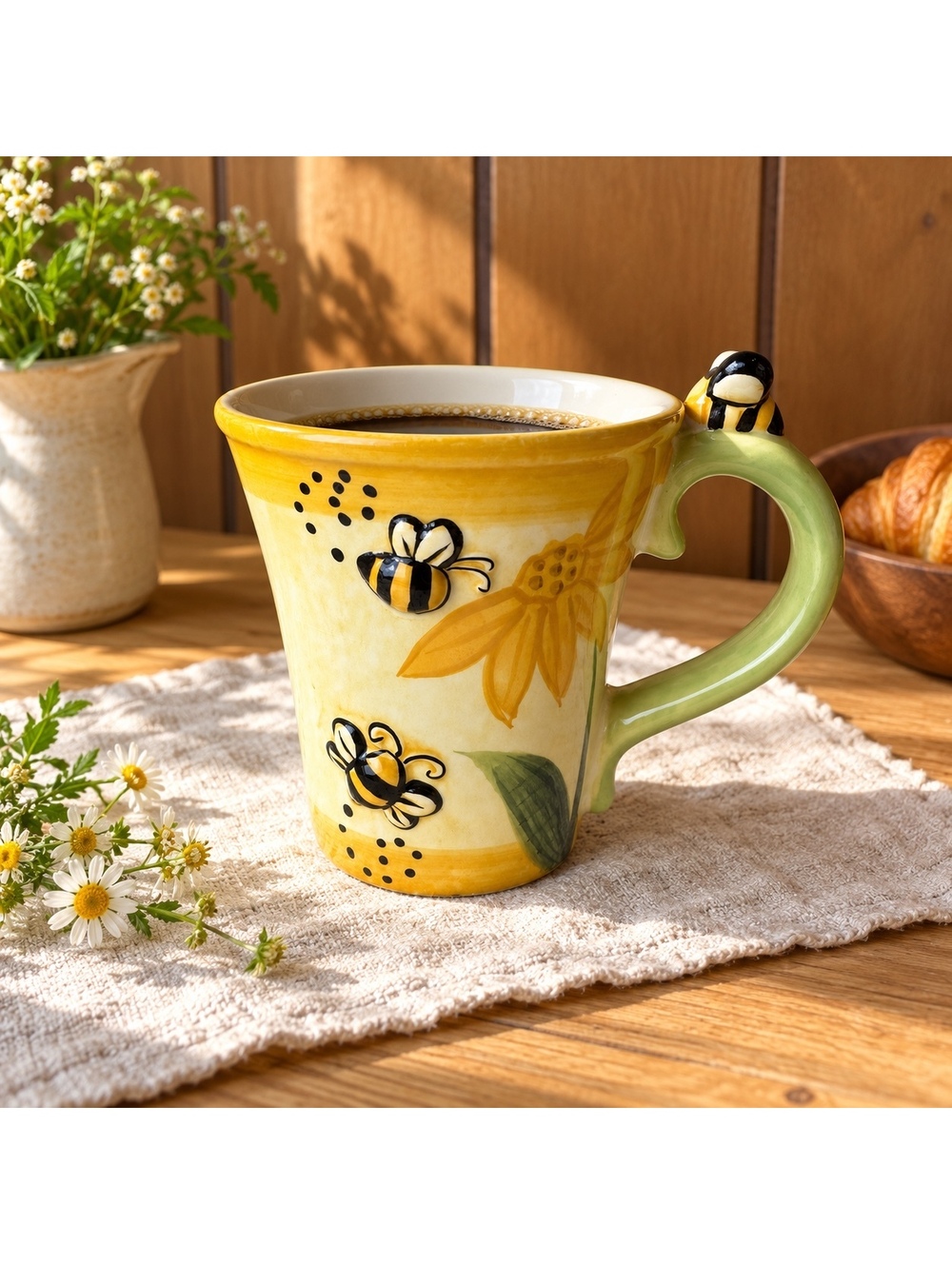 Sunflower & Bumblebee Mug Pier 1 Imports Hand Painted Ceramic 4.5 Inch